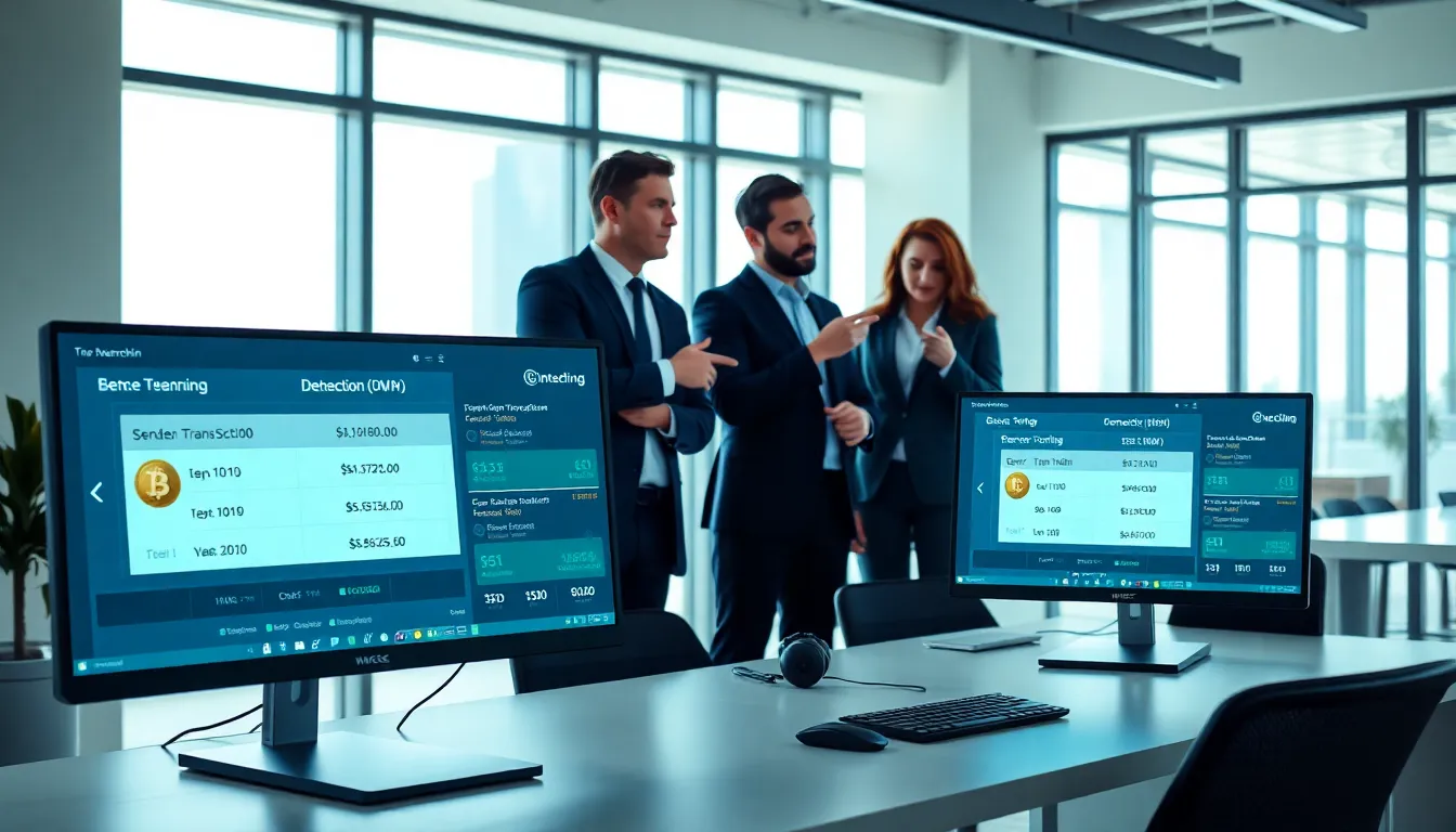 professionals discussing a blockchain visualization in a modern office.